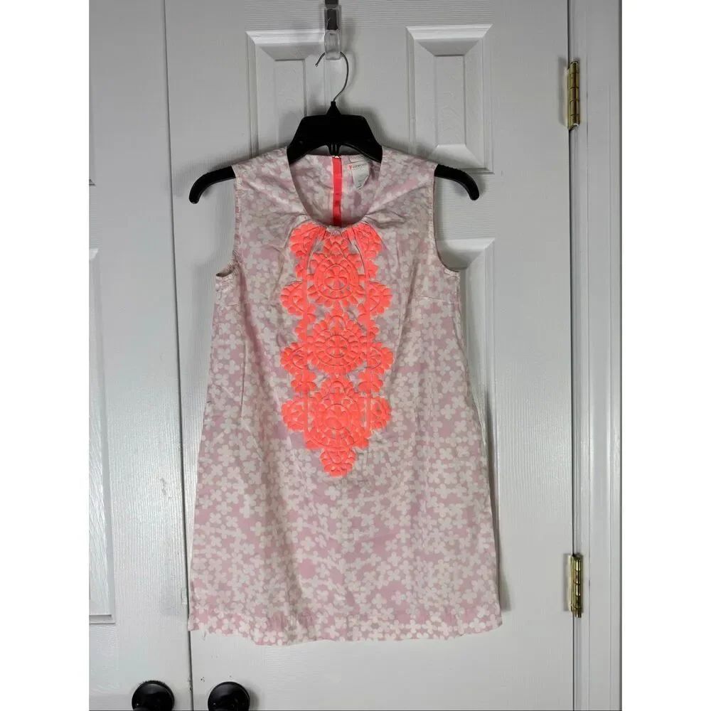 Crewcuts Girls Size 12 Pink Floral Sleeveless Shift Dress With Neon Coral Embroi